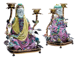 Famille Rose Style Candelabras with Chinoiserie Figures, 1900s, Set of 2