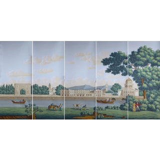 Hand Painted Vintage French Parisian Riverside Landscape Mural Panels | Set of 5 Panels 3ft×8ft Custom Panoramic Scenic Wallpaper For Sale