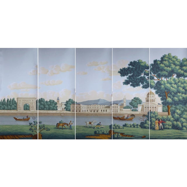 Hand Painted Vintage French Parisian Riverside Landscape Mural Panels | Set of 5 Panels 3ft×8ft Custom Panoramic Scenic Wallpaper For Sale