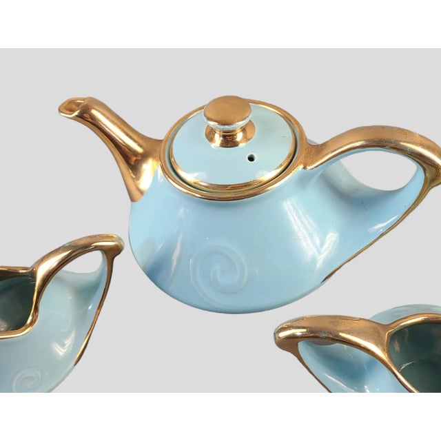 Vintage Guaranteed 22k Gold Usa Mid Century Tea Set Blue