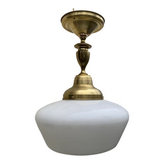 Vintage 1930s School House Shade With Brass Ceiling Fixture For Sale