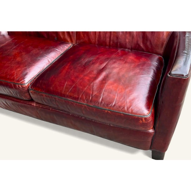 Crate & Barrel Vintage Hand-Dyed Burgundy Leather Loveseat With Rich Patina and Sloped Arms For Sale - Image 14 of 15