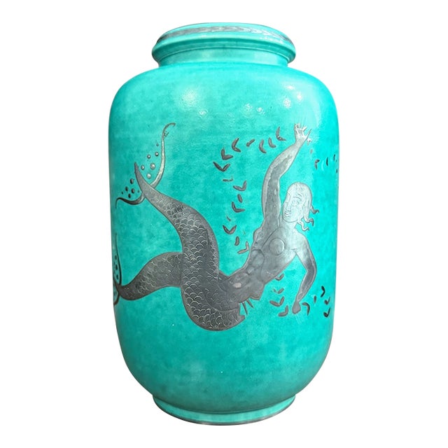 Swedish Gustavsberg Argenta Stoneware Vase With Silver Mermaid by Wilhelm Kåge For Sale