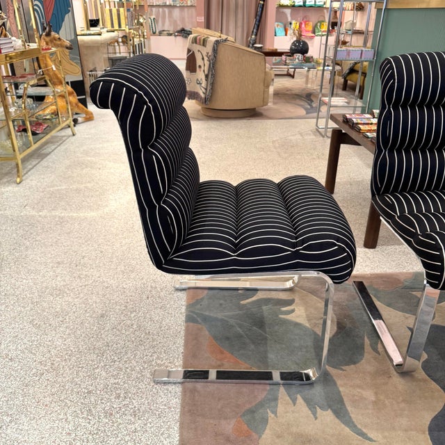 Frank Mariani Set of Four 1970's Pace Collection Mariani Lugano Cantilever Dining Chairs in Black/White Stripe For Sale - Image 4 of 12