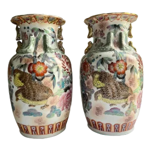 Vintage Chinese Export Hand Painted Partridge & Chrysanthemums Vases - a Pair