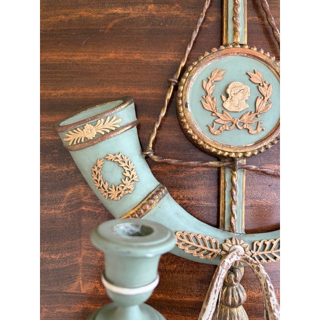 Pair of Italian Neoclassical Sconces in Celadon Green and Gilt For Sale - Image 12 of 16