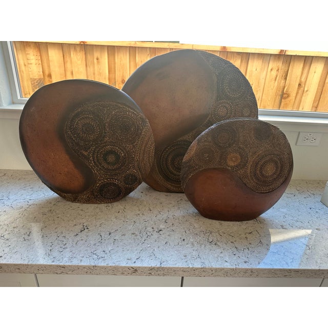 1990s Vases- Large ,Medium ,Small. Earthy Brown Ceramic Type Vases With Seagrass Details For Sale - Image 5 of 5