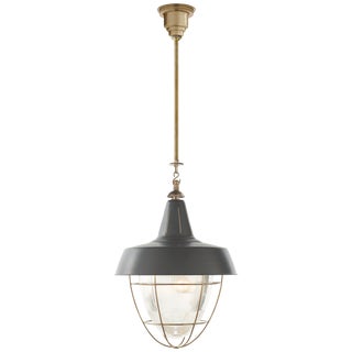 Thomas O'Brien for Visual Comfort Signature Henry Industrial Hanging Light in Hand-Rubbed Antique Brass with Green Shade For Sale
