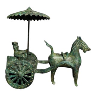 Chinese Bronze Horse & Chariot Sculpture With Verdigris Patina For Sale
