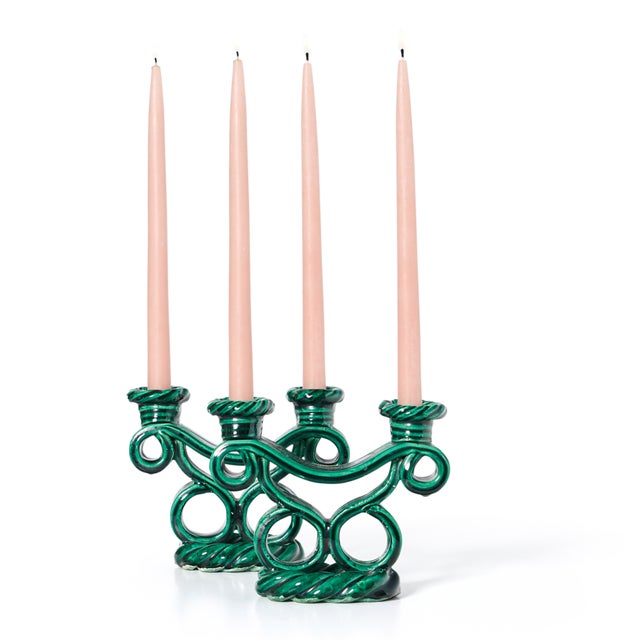 Magnificent and rare green braided rope and loop ceramic designed candlesticks by Jerome Massier in excellent condition....