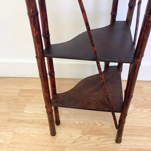 Wood 1960s British Colonial Ball and Stick Scorched Bamboo Corner Etagere in Burnt Mahogany. For Sale - Image 7 of 12
