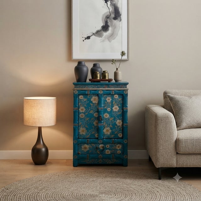 Teal Distressed Teal Green Golden Floral Graphic Side End Table Nightstand For Sale - Image 8 of 11