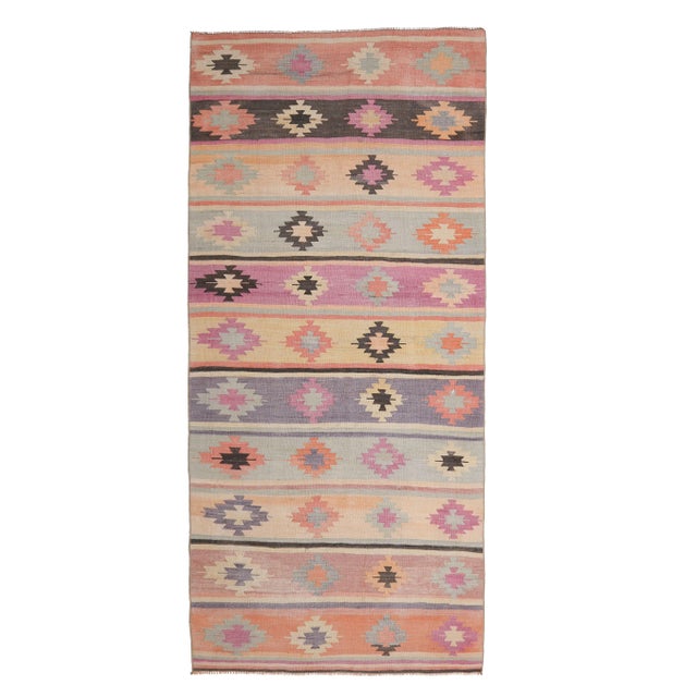 Vintage Turkish Oushak Handmade Wool Cotton Green Kilim Runner Rug For Sale - Image 9 of 9