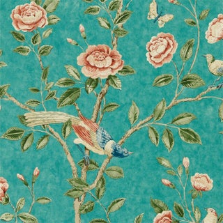 Sanderson Andhara Wallpaper in Teal/tumeric - a Sample For Sale