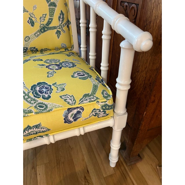 Yellow 1971 White Chinoiserie Faux Bamboo Club Chairs by Ayers Furniture With Mad Cap Cottage Fabric For Sale - Image 8 of 11