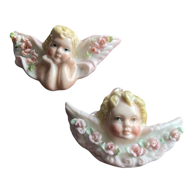 Vintage European Porcelain Cherub Christmas/Holiday Ornament- Set of 2 For Sale