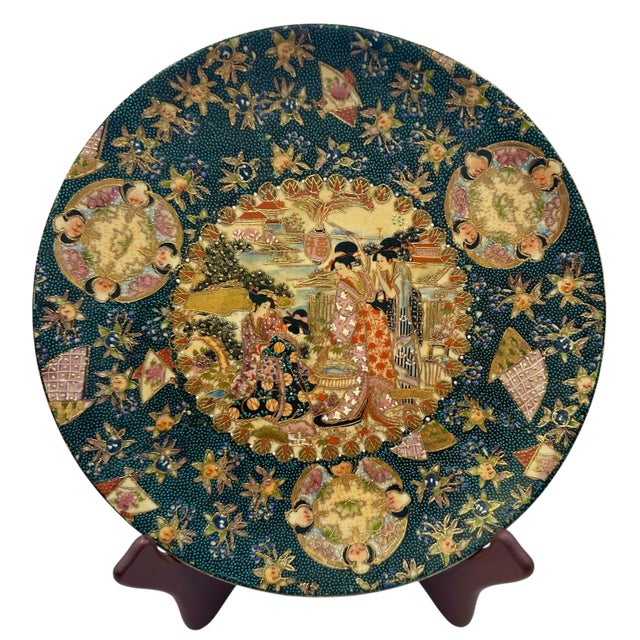 Japanese Vintage Japanese Royal Satsuma Hand-Painted Earthenware Decorative Charger For Sale - Image 3 of 12