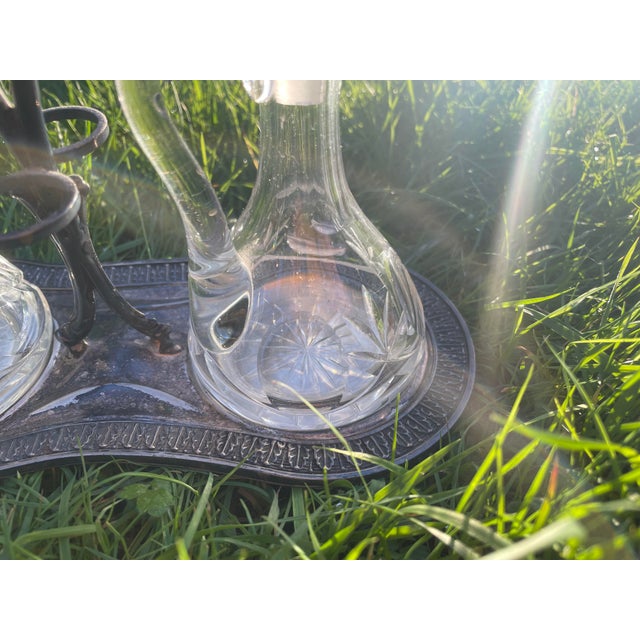 Antique Cut Crystal Oil & Vinegar Cruet Set With Silver-Plated Stand For Sale - Image 4 of 5