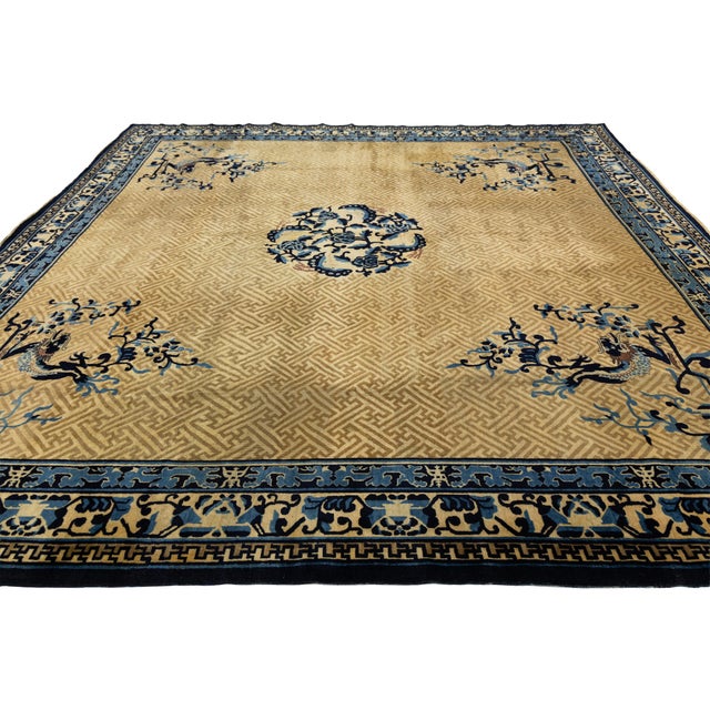 Antique Chinese Imperial-Style Dragon & Fretwork Wool Rug With Indigo Accents For Sale - Image 4 of 12
