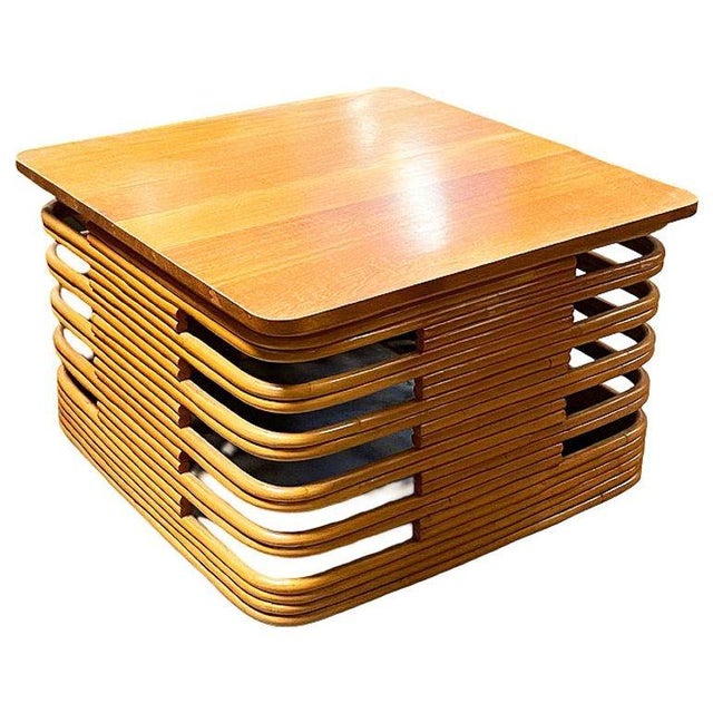 1940s Restored Rare 18" Tall Stacked Rattan MCM Coffee Table W/ Mahogany Top For Sale - Image 4 of 8