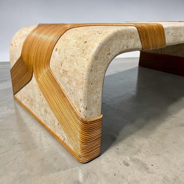 1980s Modern Tessellated Marble & Pencil Bamboo Waterfall Style Coffee Table For Sale - Image 5 of 7