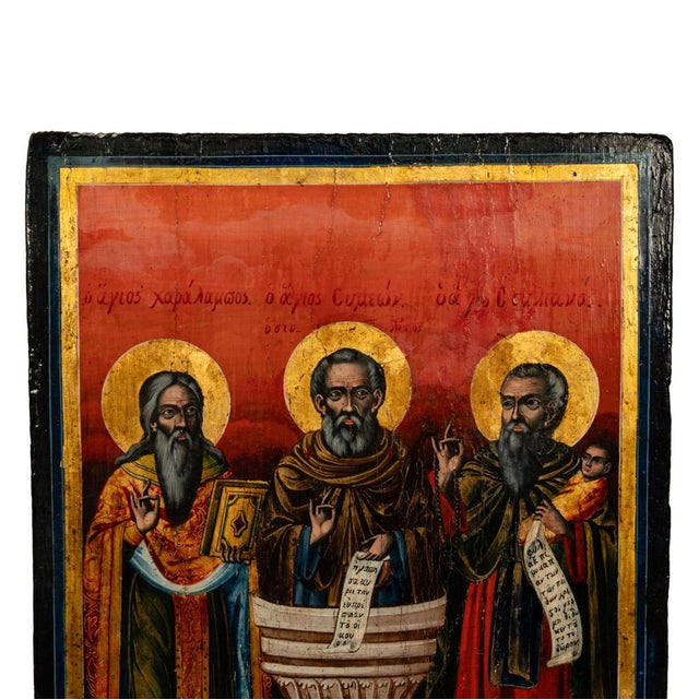 Religious Antique Greek Eastern Orthodox Religious Painted Icon Egg Tempera 3 Saints 1780 For Sale - Image 3 of 15