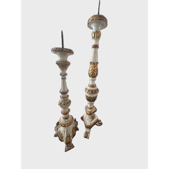 Italian Pair of Antique Italian Carved Wood Candlesticks With Gilt Details For Sale - Image 3 of 4