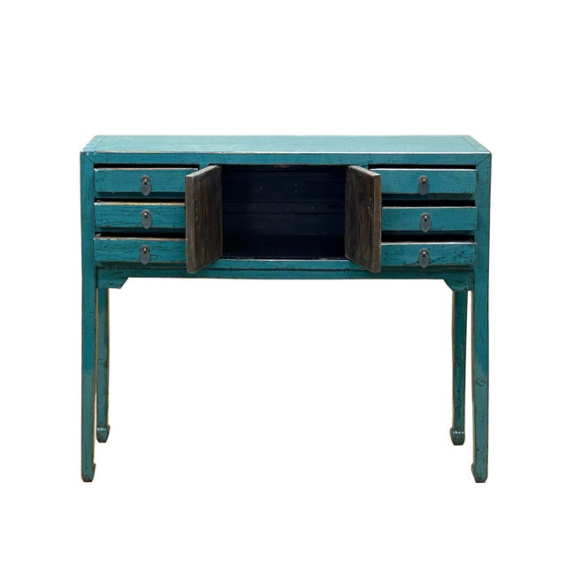 Distressed Blue Lacquer 6 Drawers Narrow Slim Console Foyer Side Table For Sale - Image 4 of 10