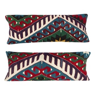 12"x35" SET OF 2 - Hand-Woven Kilim Cushion Covers. Vintage Lumbar Pillow Covers For Sale