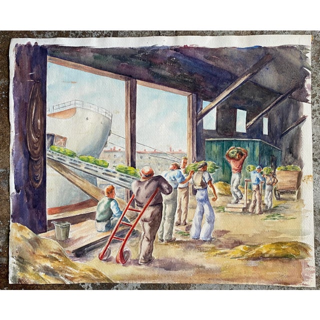 1940s 1940s Loading Bananas Port Scene Watercolor For Sale - Image 5 of 7