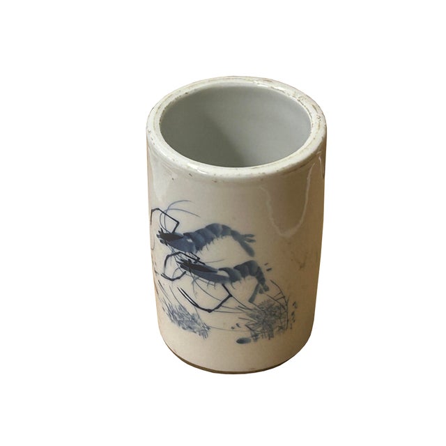 Ceramic Chinese Distressed White Porcelain Blue Shrimps Graphic Holder Vase For Sale - Image 7 of 9