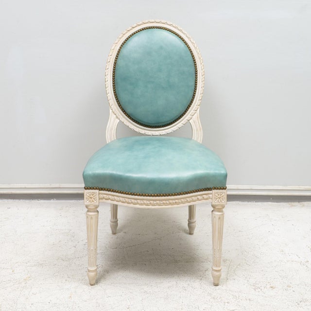 Set of 8 Louis XVI- Style Painted Dining Chairs - 2 arm and 6 side chairs - all upholstered in Cowtan and Tout fabric.