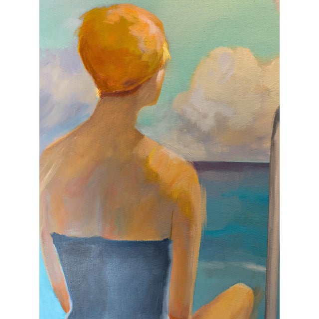 Young woman sitting by the water meditating. 36x36" oil painting on canvas.