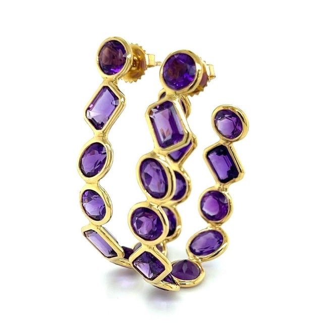 Metal Mid 20th Century Pair of Amethyst Oval Bezel Set 18k Yellow Gold Inside Out Hoop Earrings For Sale - Image 7 of 9