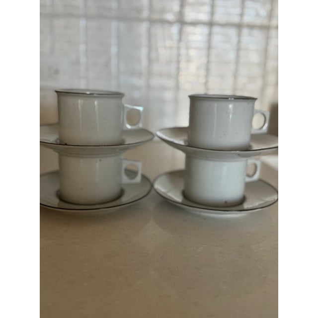 Cream Vintage Dansk Green Mist Coffee Cup & Saucer Set of 8 Niels Refsgaard Denmark Stoneware ( For Sale - Image 8 of 14