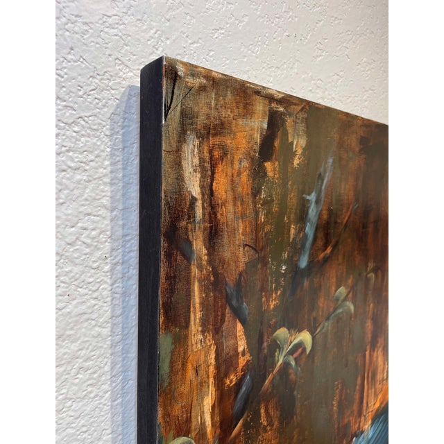 Early 21st Century Break From Flight by Morgan Cameron | Oil on panel Bird perched on a branch with autumn foliage. For Sale - Image 5 of 5