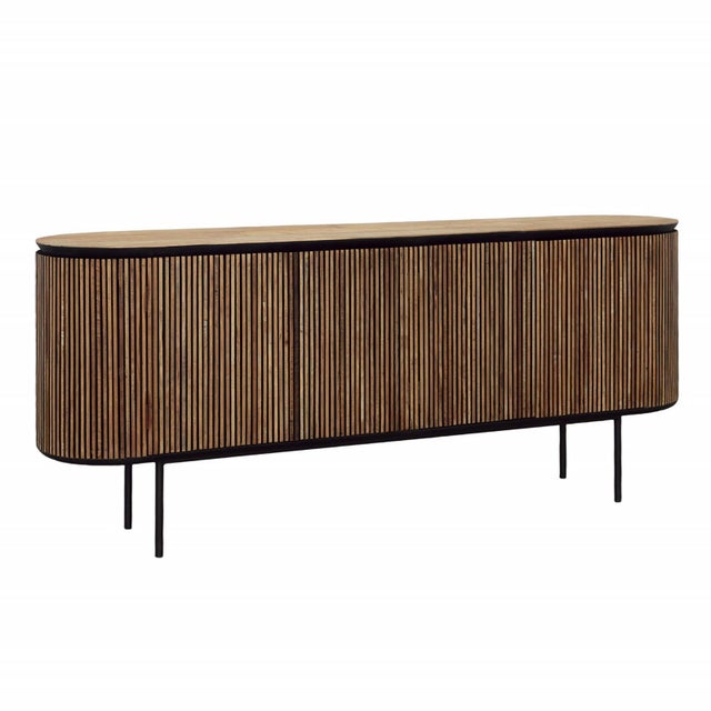 Midcentury style slatted teak wood credenza. Retro smooth oval shape with black finish interior, detail, and legs. Natural...