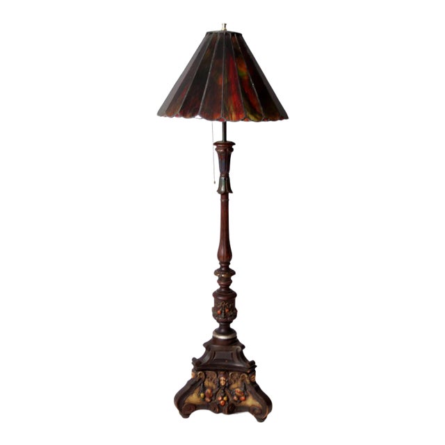 Antique Carved Wood Floor Lamp With Glass Shade For Sale