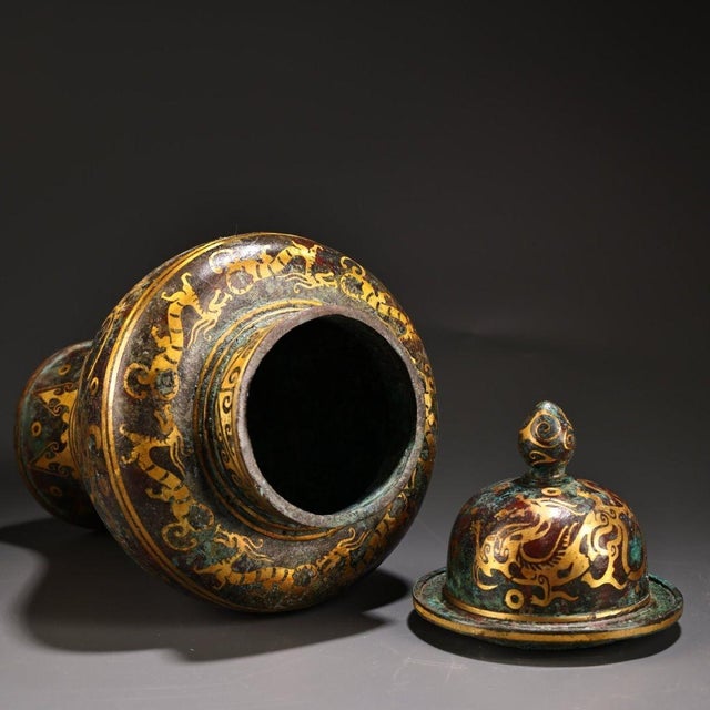 Bronze Bronze Ginger Jar With Gold & Silver Inlay - Archaic Lidded Urn For Sale - Image 8 of 9
