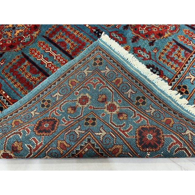 Turquoise Blue and Red Wool Area Rug, Tribal Geometric Medallion Design For Sale - Image 14 of 14