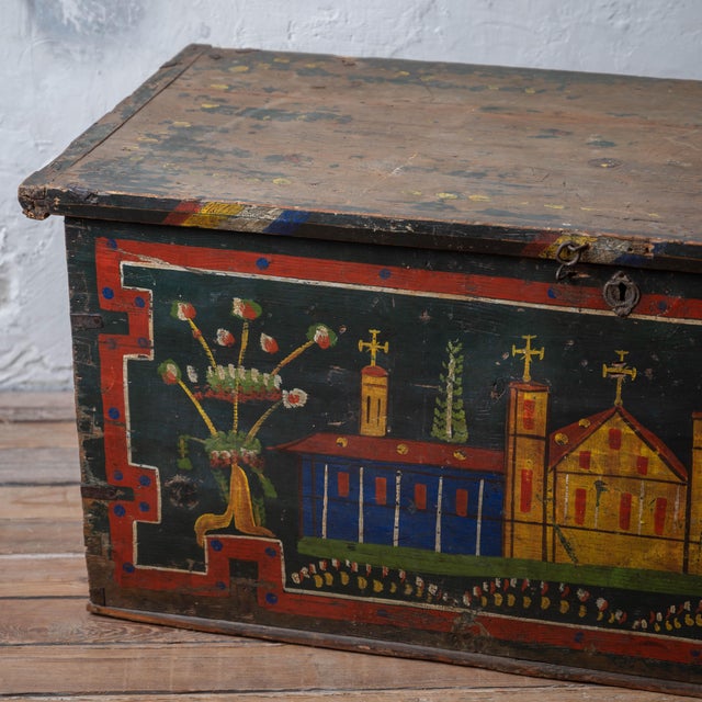 Folk Art Romanian Painted Blanket Chest With Church Motif, c.1900 For Sale - Image 3 of 14