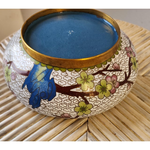 Mid 20th Century Vintage Chinese Cloisonne Enamel Bowl With Bluebird and Cherry Blossoms For Sale - Image 5 of 9