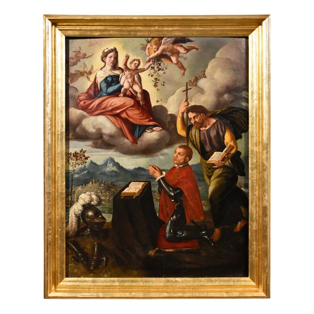 Workshop of Ippolito Scarsella / Lo Scarsellino, Madonna and Child with Saint James, 1590, Oil on Board For Sale