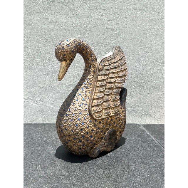 Folk Art Vintage Wooden Hand Carved Folk Art Swan With Jeweled Inlay For Sale - Image 3 of 8