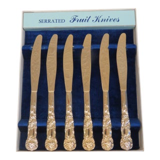 Italy Box Set of 6 Serrated Fruit Knives Stainless Steel Gold Tone Finish 4961b For Sale
