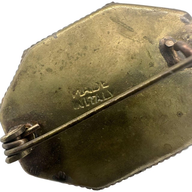 1940s Italian Micro Mosaic Inlay Jade Brass Brooch For Sale - Image 4 of 5