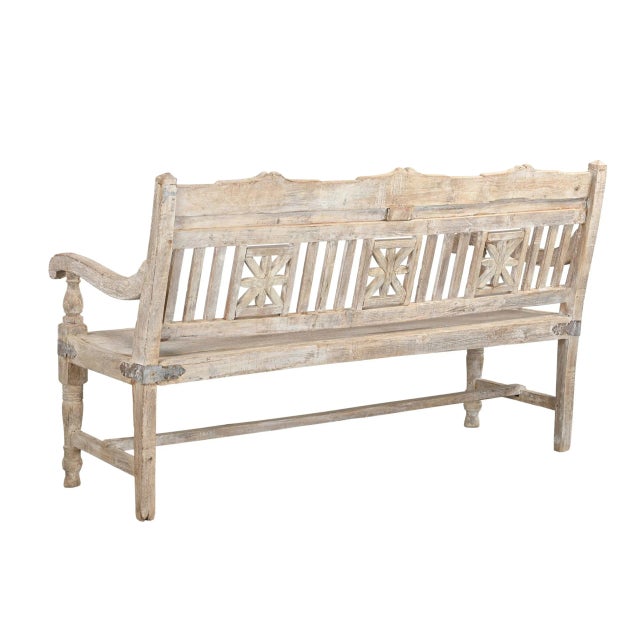 Vintage Anglo-Indian Colonial Style Carved Teakwood Bench For Sale - Image 4 of 4