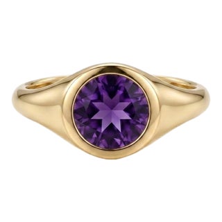 Natural Amethyst Bezel Gemstone Ring | 18k Gold Plated Chunky Signet Band | Unisex Signet Ring Us 7 For Sale