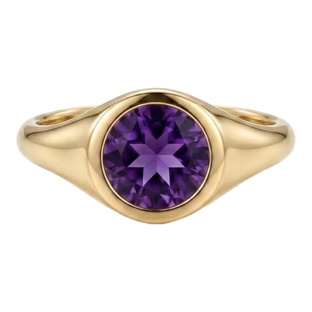 Natural Amethyst Bezel Gemstone Ring | 18k Gold Plated Chunky Signet Band | Unisex Signet Ring Us 7 For Sale