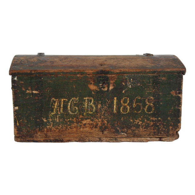 Small Antique Swedish Storage Chest in Pine with Green Paint, 1868 For Sale